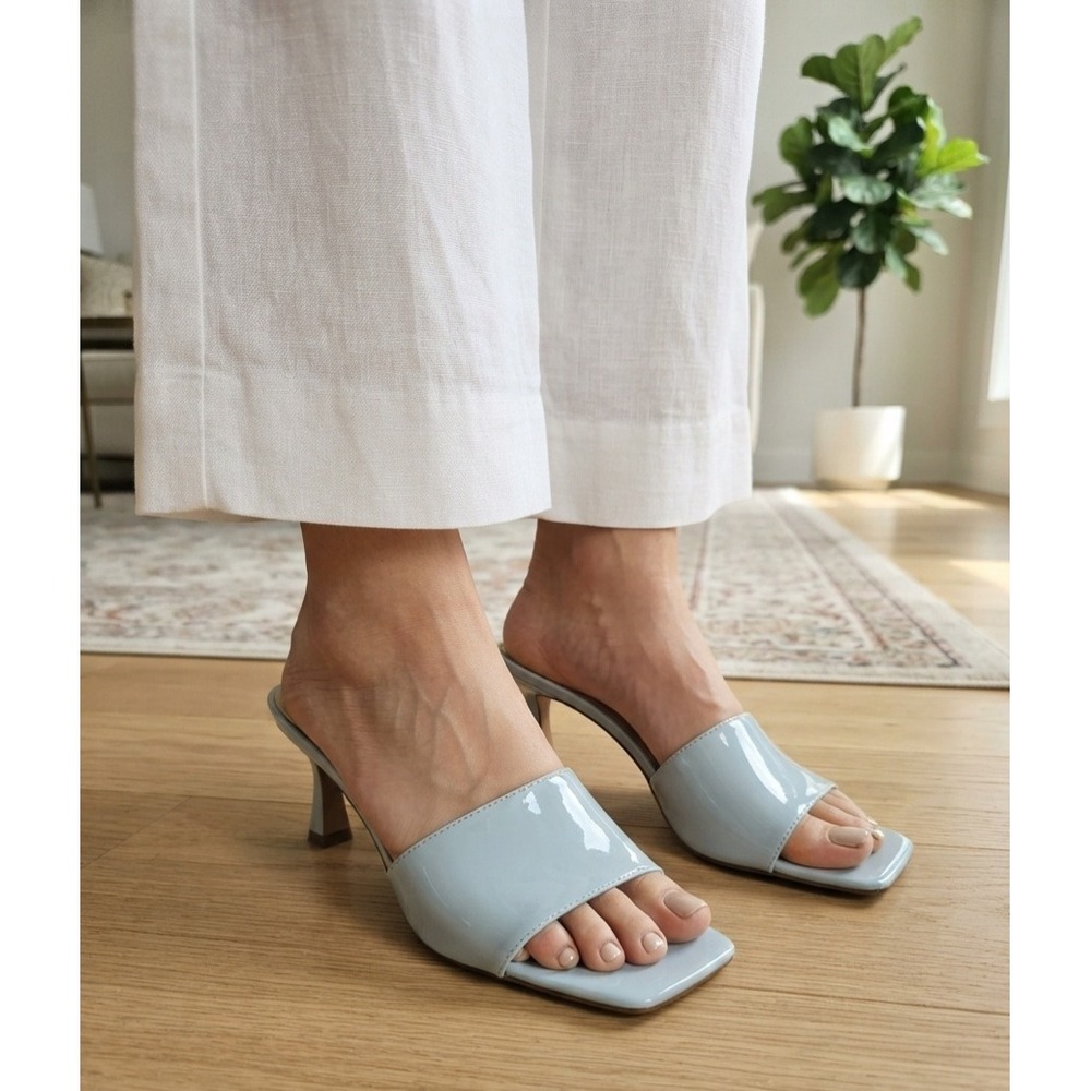 Nine West Akin3 Light Blue Patent Square Toe Kitten Heel Slide Sandals 9M